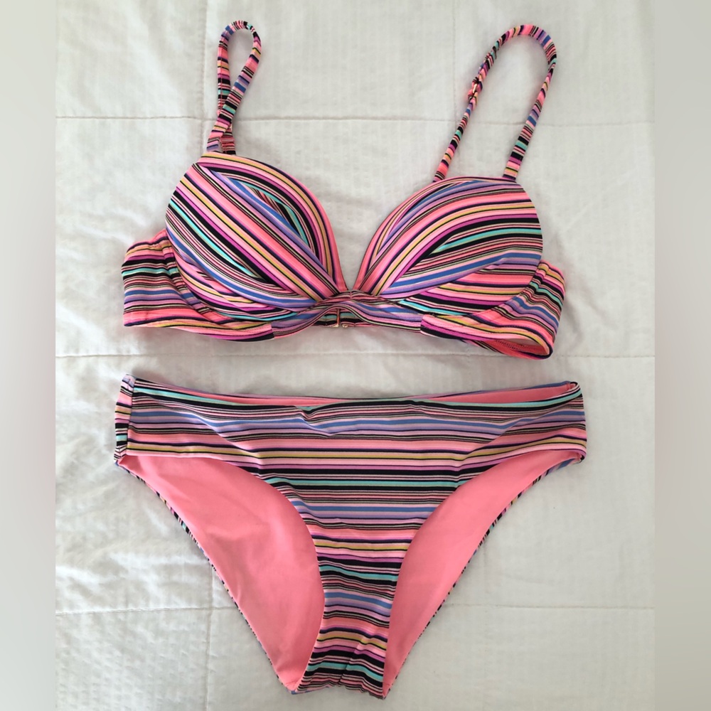 Victoria's Secret Bikini Striped Angel Convertible Top 32B & XS Bottom The Flirt